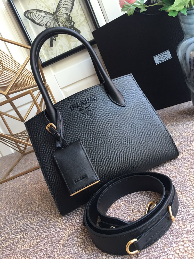 Prada Saffiano Leather Handbag Bag Tote Black 1BA156